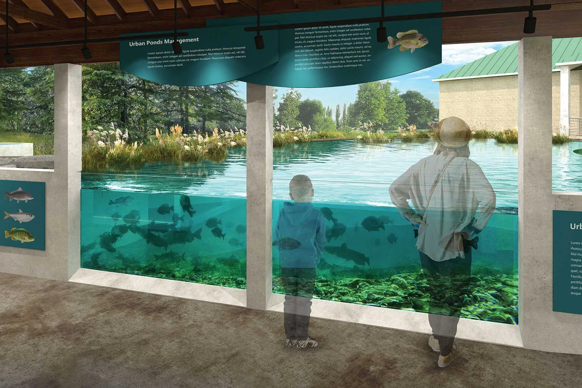 Rendering of an adult and child viewing the schools of fish in an aquarium