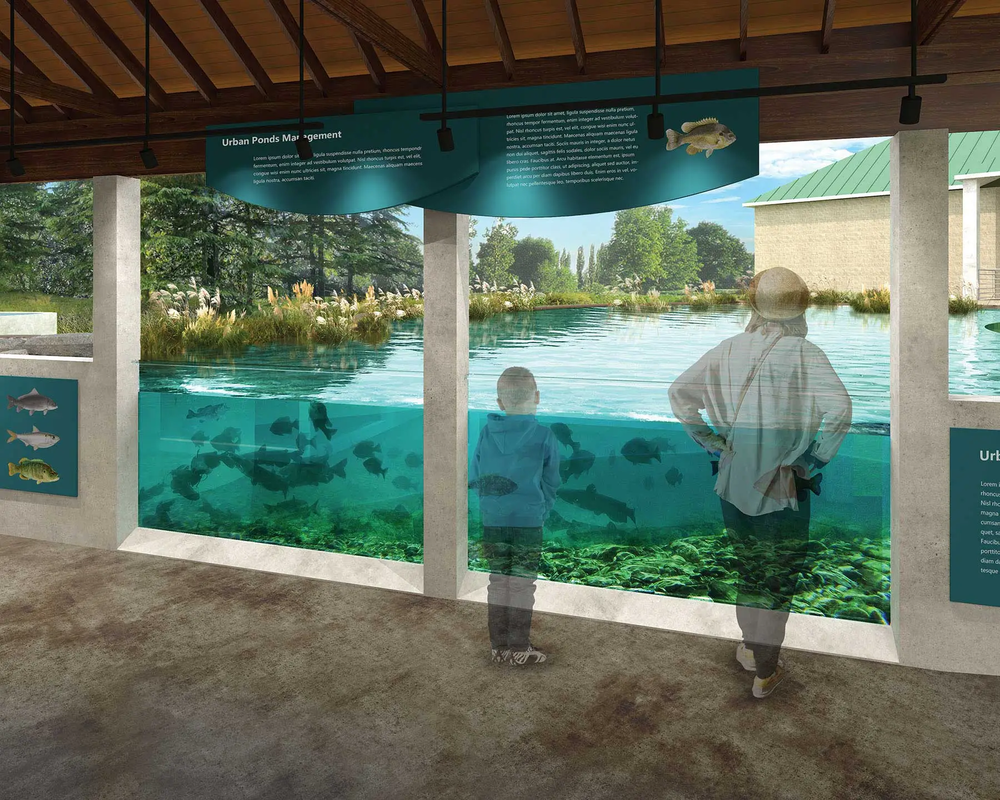 Rendering of an adult and child viewing the schools of fish in an aquarium