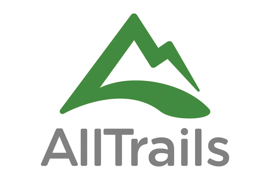 AllTrails app logo A diagram of a green mountain of the word AllTrails in gray