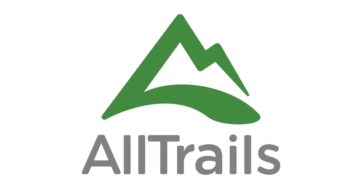 AllTrails app logo A diagram of a green mountain of the word AllTrails in gray
