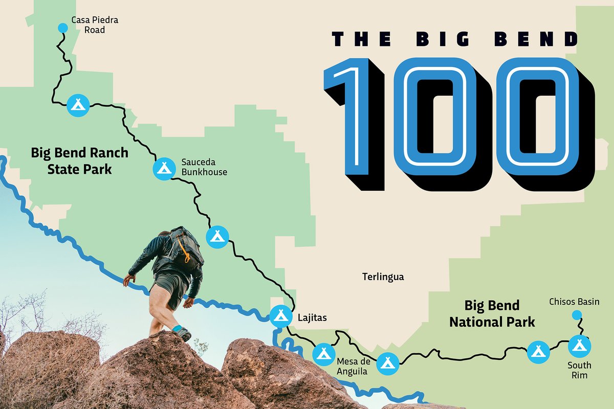 Big Bend 100 route map with man hiking over rocks