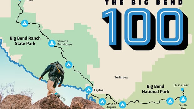 Big Bend 100 route map with man hiking over rocks