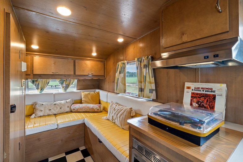 Interior of a 1961 Shasta trailer at Blue Skies Retro Resort.