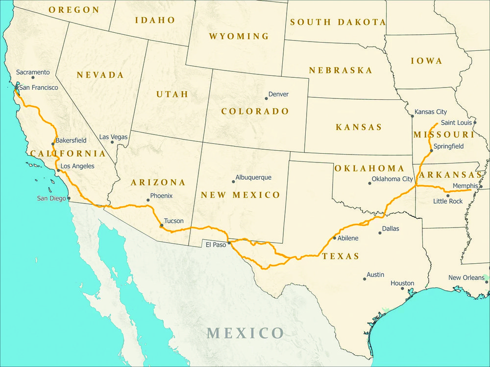 Butterfield Overland mail route map running across Texas.