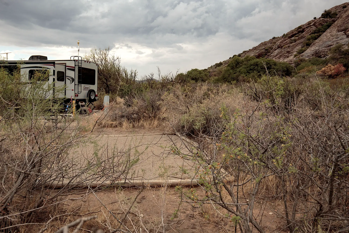 Camping at Hueco Tanks RV behind some bushes