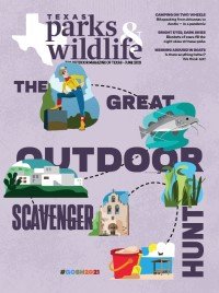 Cover June 2021 Title The Great Outdoor Scavenger Hunt with images of icons represnenting things to do in Texas.
