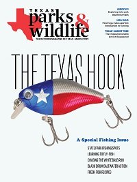 Cover March 2022 The Texas Hook Fish lure with the texas flag and hooks.