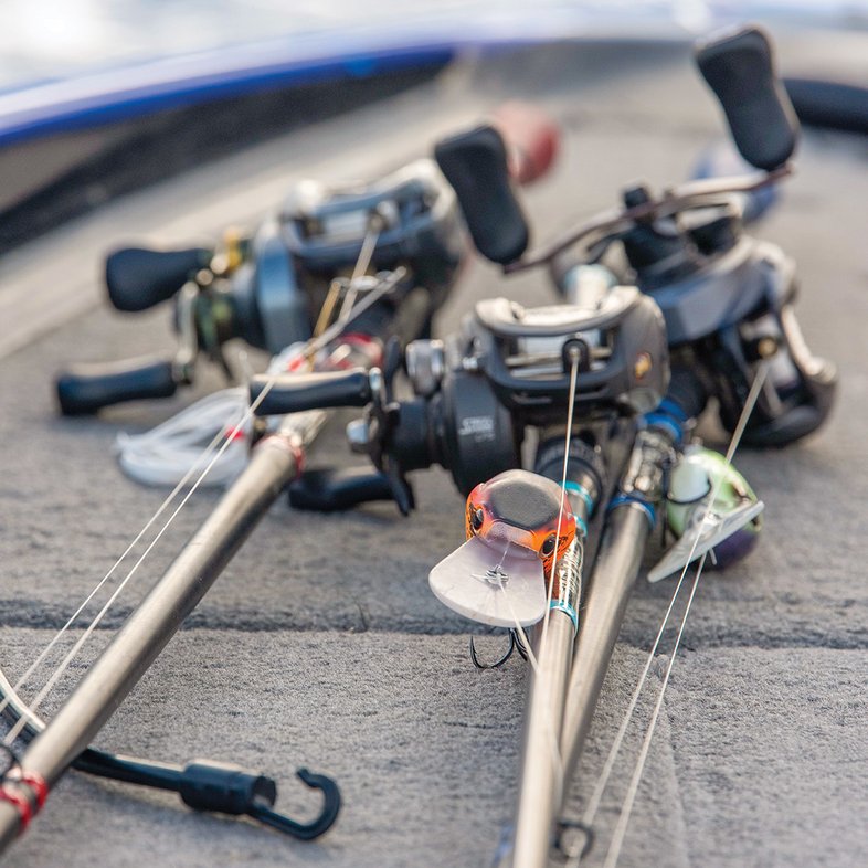 Fishing rods at the ready in a bass boat