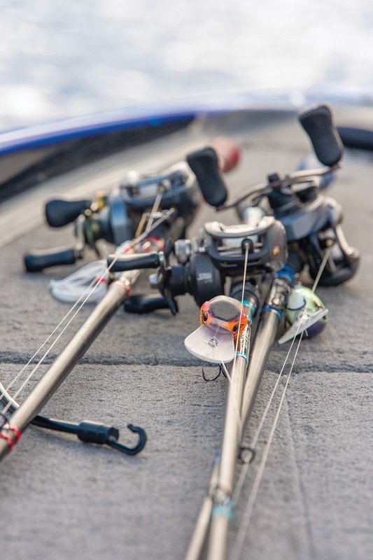 Fishing rods at the ready in a bass boat