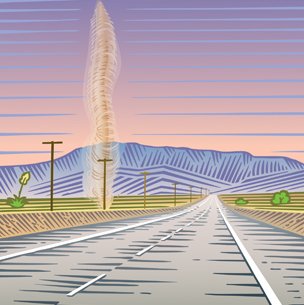 Illustration of a Dust Devil along side a road and power lines with mountains in the background