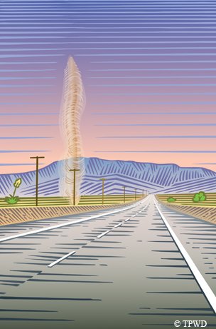 Illustration of a Dust Devil along side a road and power lines with mountains in the background