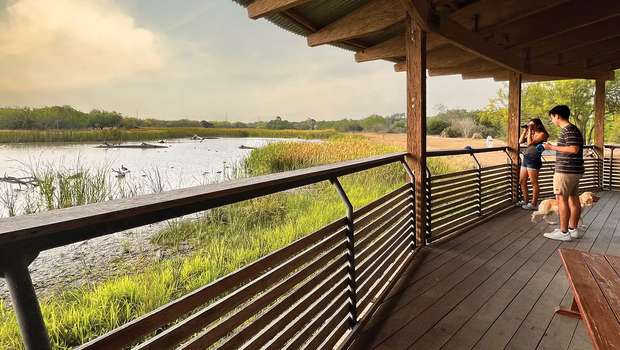 People and a dog at an overlook to view wild life at Estero Llano Grande State Park