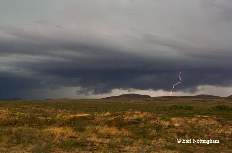 Photo of a lightening bolt in the distance coming from a storm cloud over a field