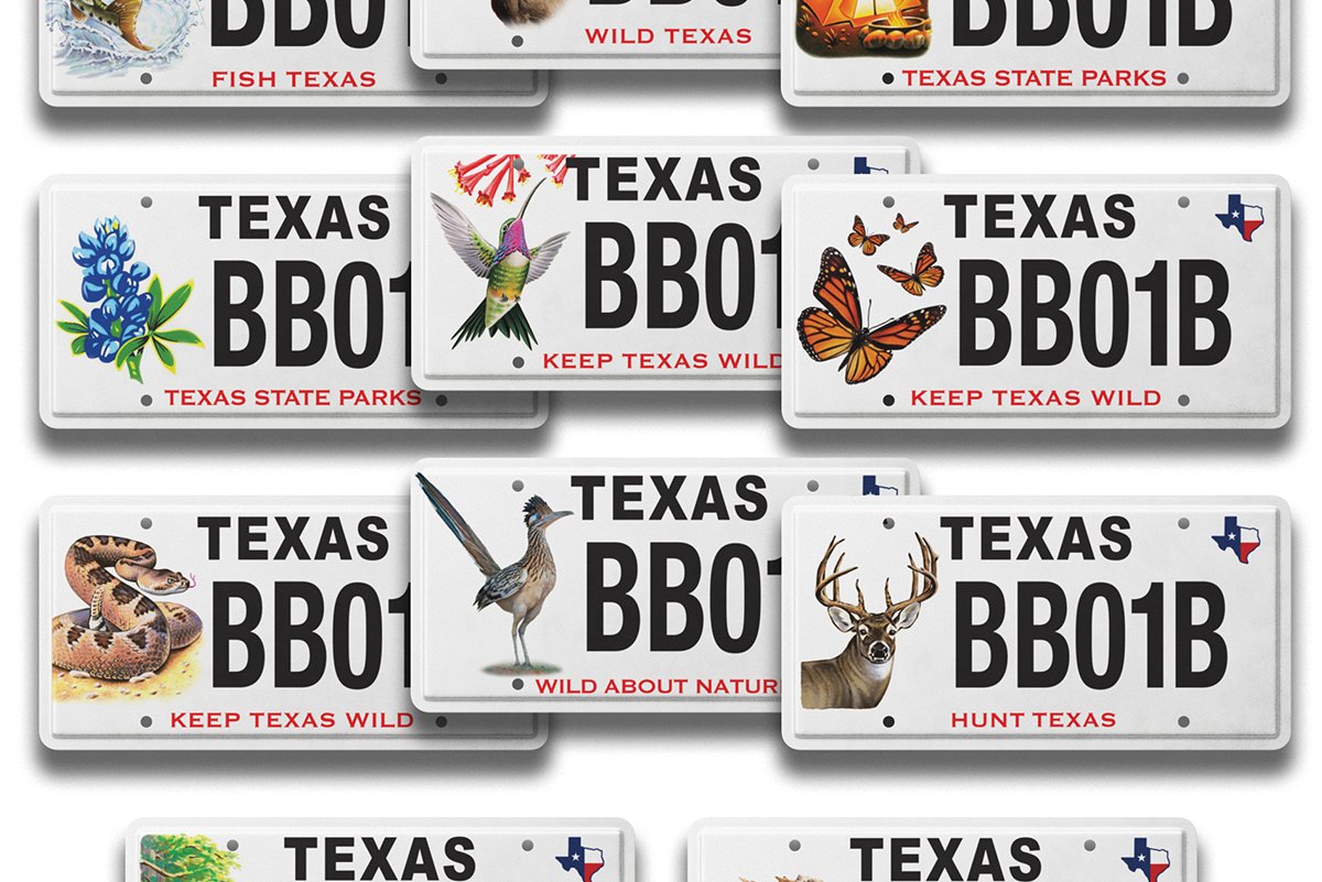Eleven Texas Conservation Licence Plates supporting Texas Parks and Wildlife programs