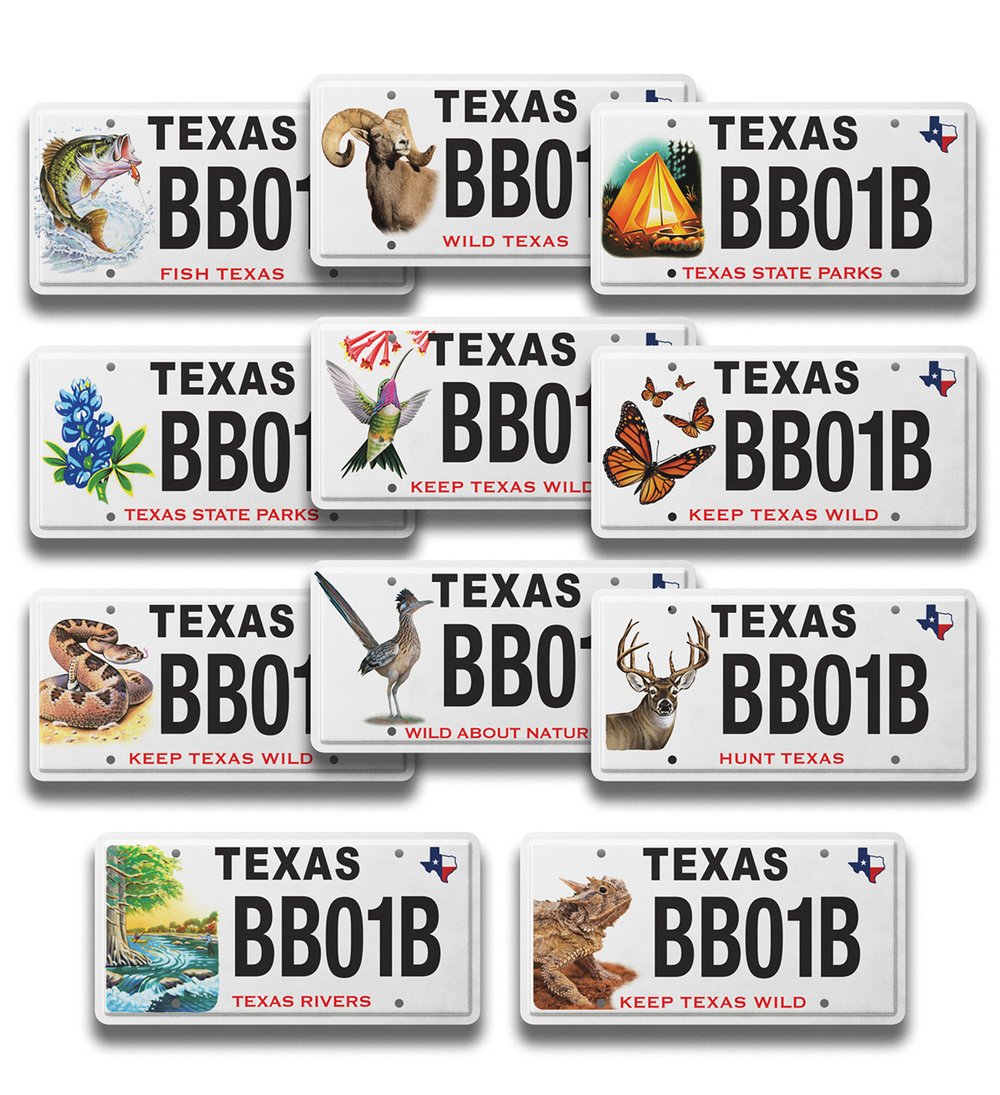 Eleven Texas Conservation Licence Plates supporting Texas Parks and Wildlife programs