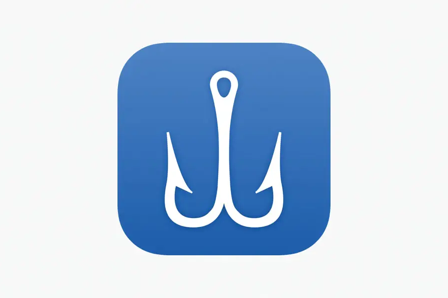 Fishing Points App logo - white hook on a blue background