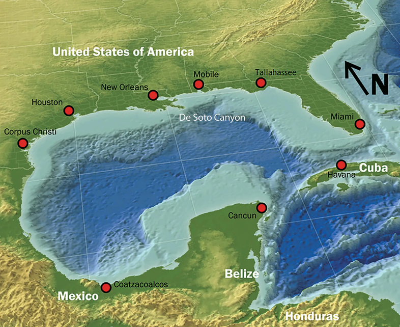 Gulf Map with cities marked around the gulf