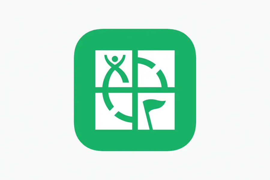 Geocaching App logo green background with four white squares containing a person and a flag