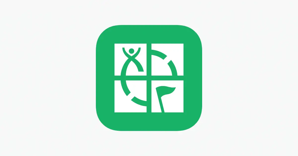 Geocaching App logo green background with four white squares containing a person and a flag