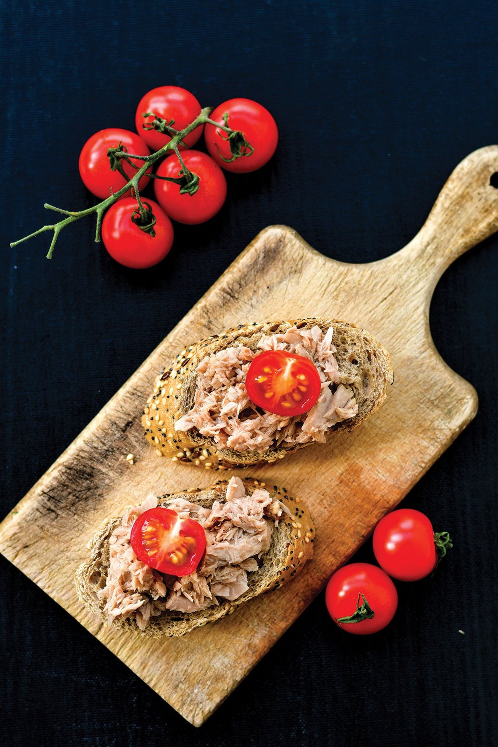 Grilled Trout Bruschetta on a cutting board