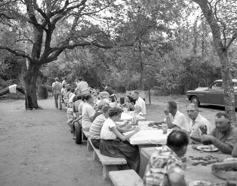 Group of people at a long table having a picnic party