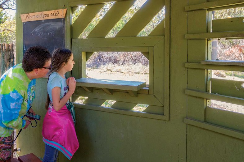 a mother and daughter looking out the Guadalupe River State Park blind. Next to the opening is a chalk board for people to write down the birds they saw