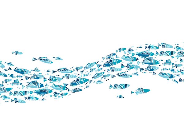 Illustration of blue fish swimming in a school.
