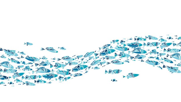 Illustration of blue fish swimming in a school.