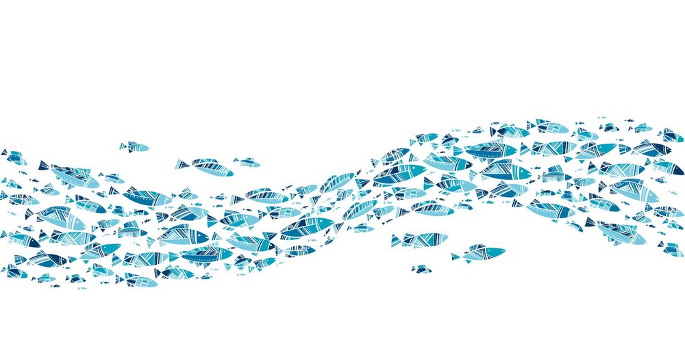Illustration of blue fish swimming in a school.