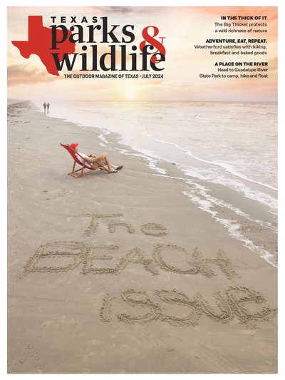 July 2024 cover of Texas Parks & Wildlife magazine, depicting a beach chair and the words 'The Beach Issue' written on the sand