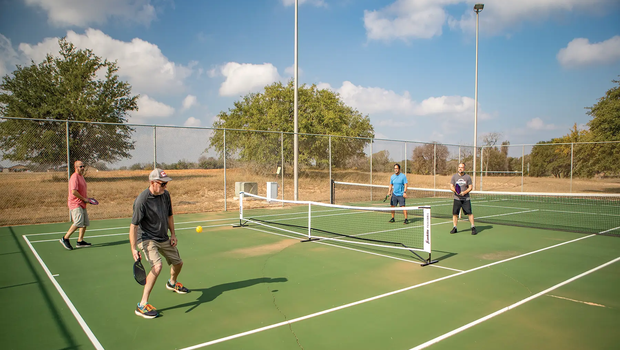 People playing doubles on a pickle ball court and the Lyndon B Johnson state park and historical site