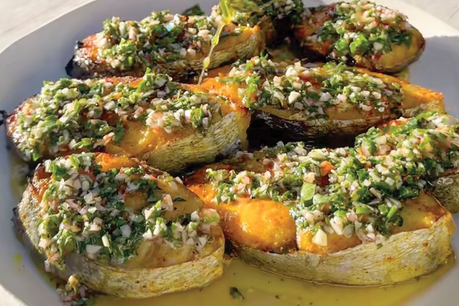 Roasted Spanish Mackerel  with Chimichurri Sauce on a plate.