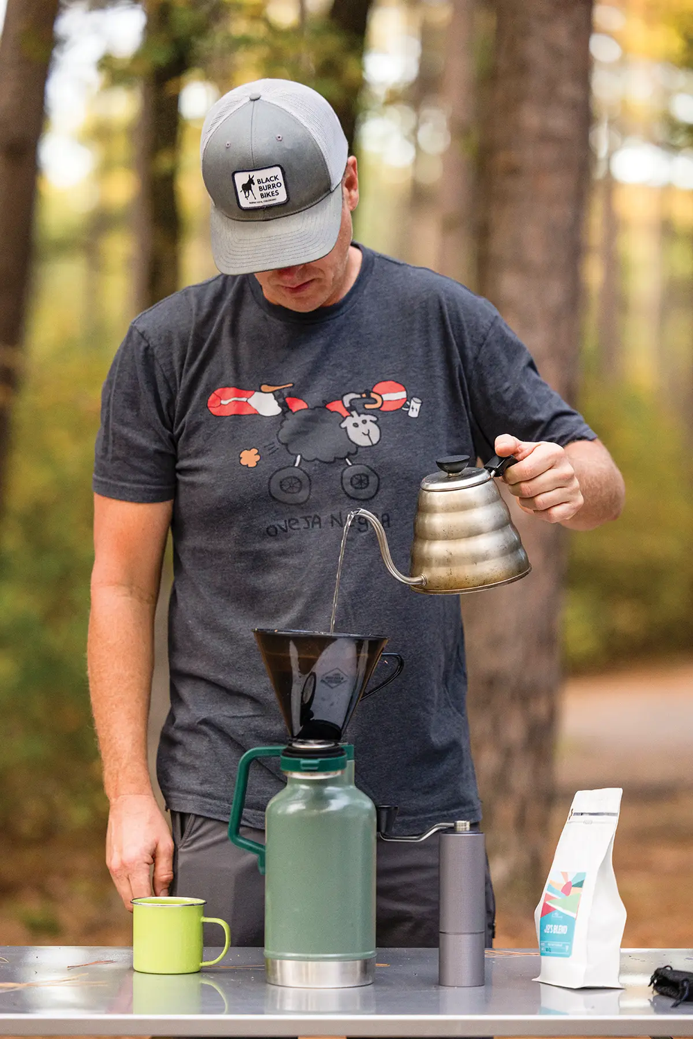 Man pouring making coffee at a Texas State Park camp site
