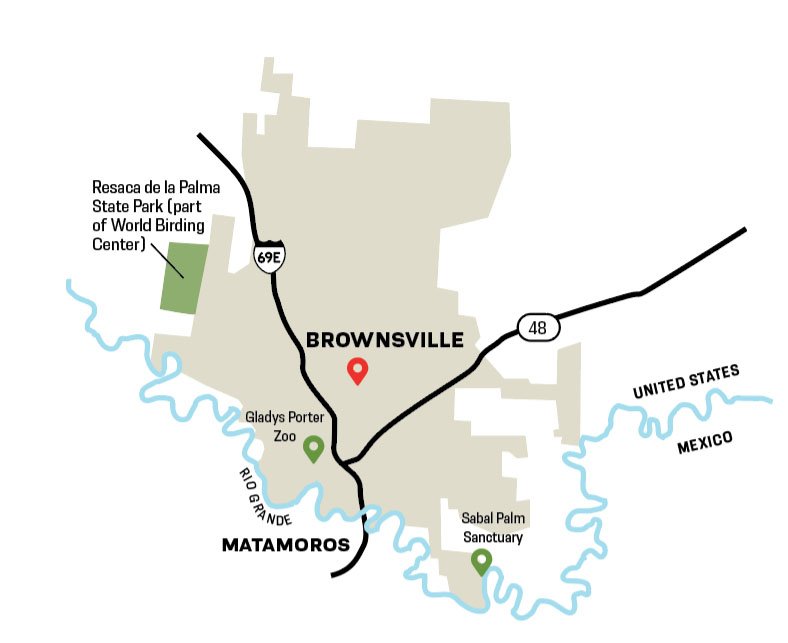 Map of Brownsville with local attractions.