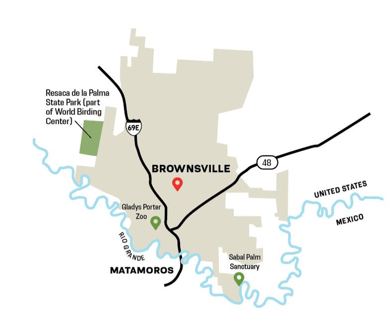Map of Brownsville with local attractions.