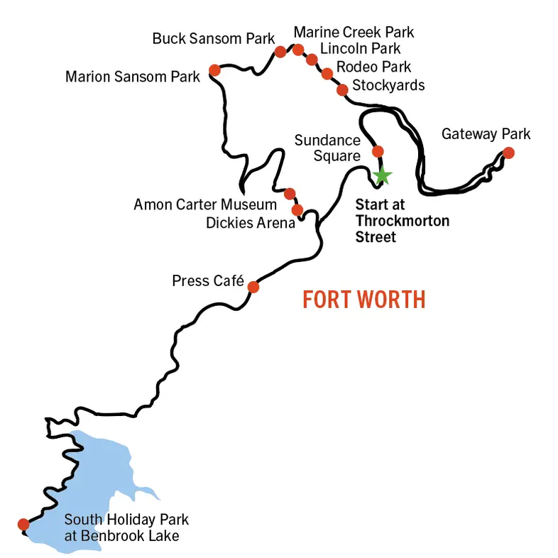 Map of Fort Worth trail system and attractions.