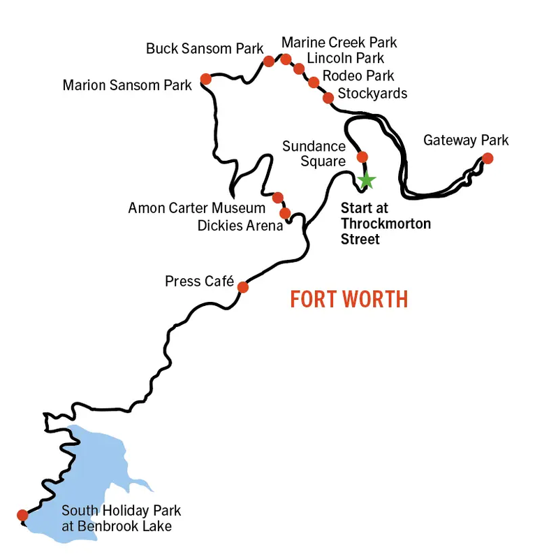 Map of Fort Worth trail system and attractions.