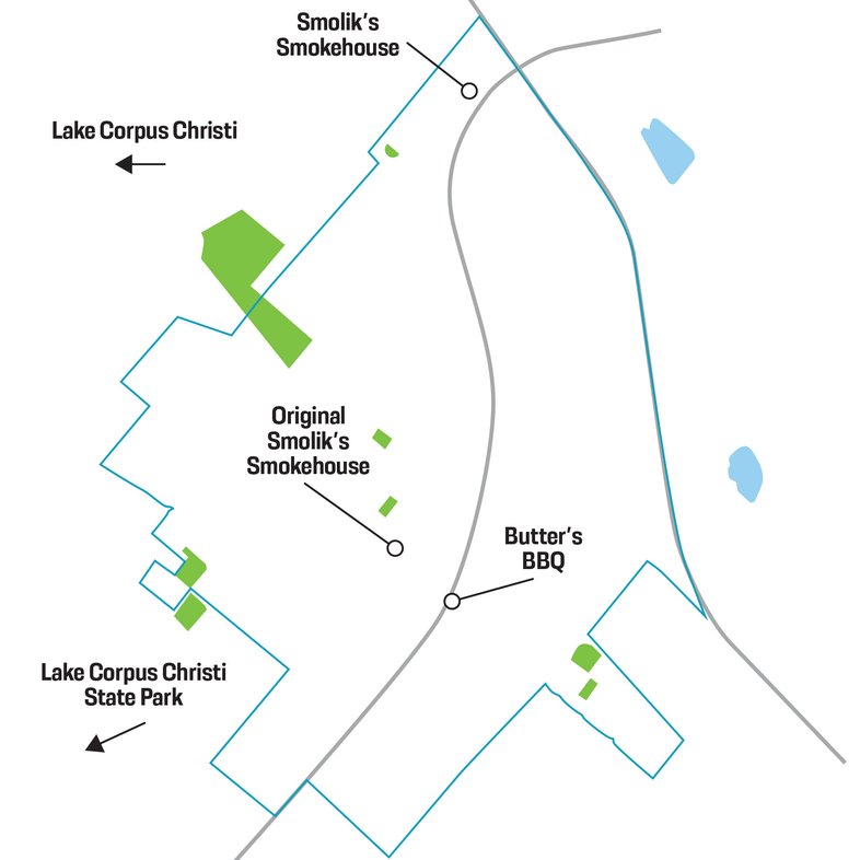 Map of Mathis showing two barbecue restaurants and the direction of Lake Corpus Christi