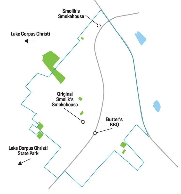 Map of Mathis showing two barbecue restaurants and the direction of Lake Corpus Christi