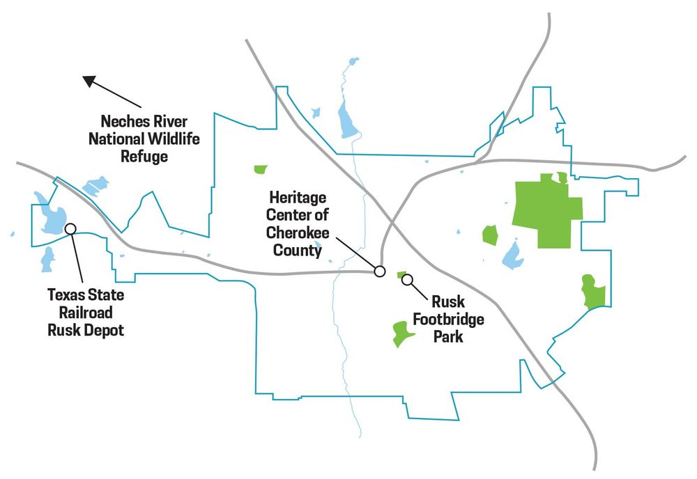 Map of Rusk with attractions.