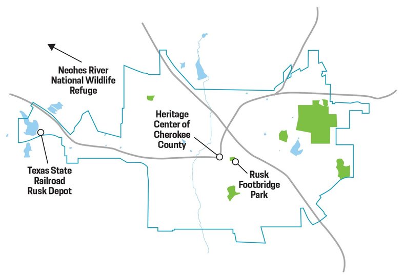 Map of Rusk with attractions.