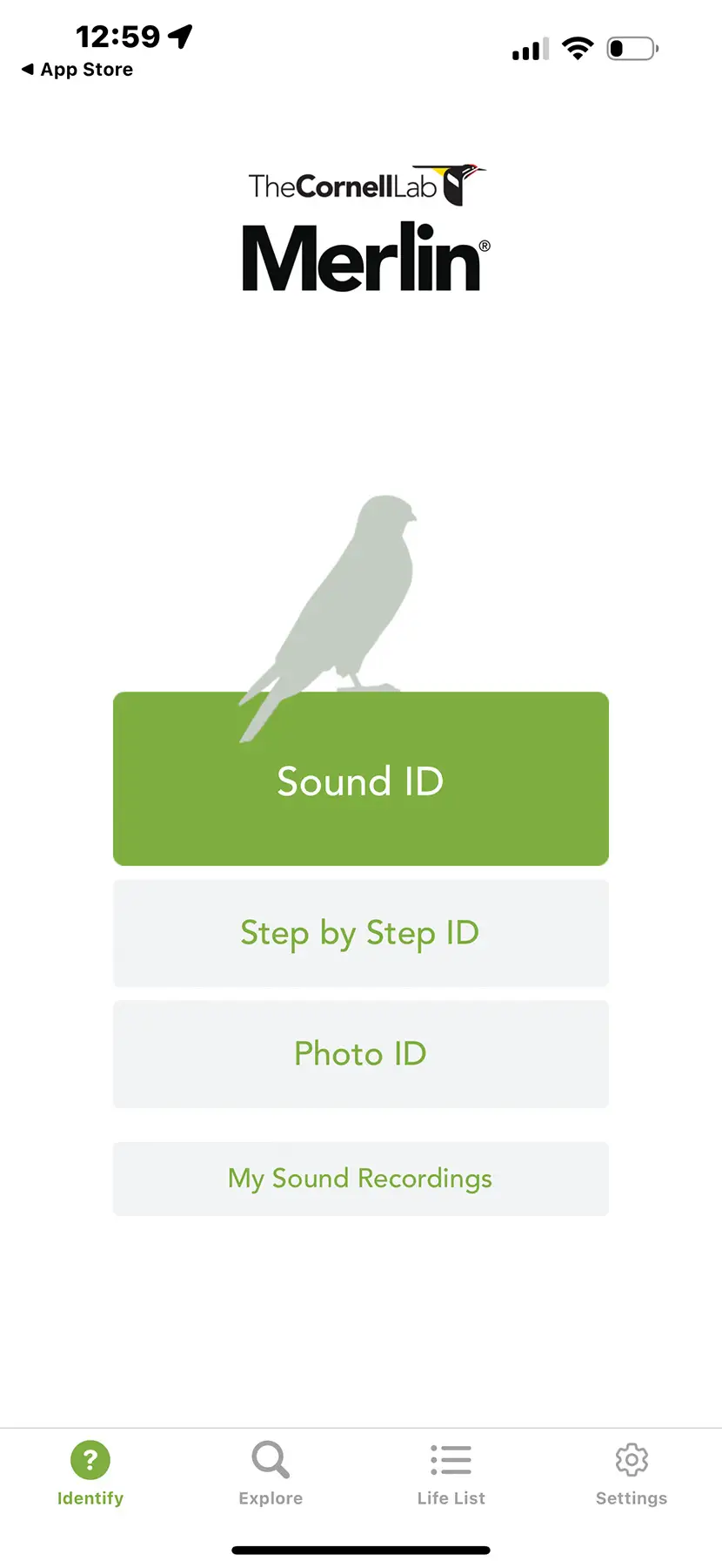Merlin App opening screen with title The Cornell Lab Merlin with options for sound id, step by step id, Photo ID, and my sound recordings