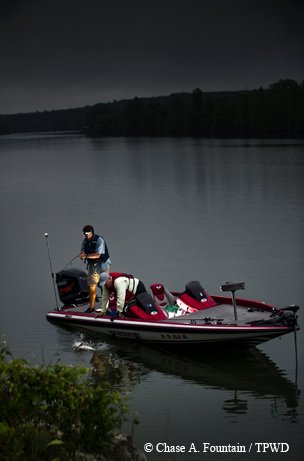 people on a boat bass fishing at night