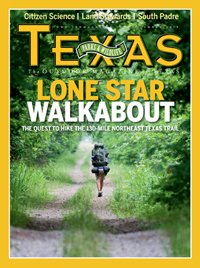 November 2013 Cover - Man Hiking the Northeast Texas Trail with forest on either side of trail - Title: Lone Star Walkabout