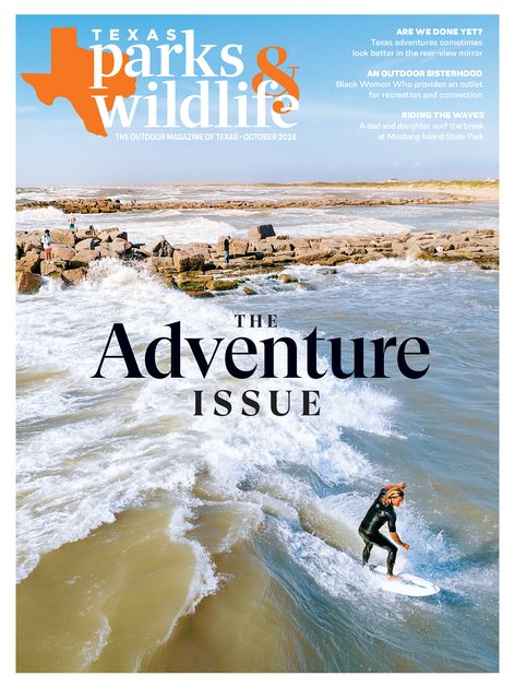 The October 2024 cover of Texas Parks & Wildlife magazine, featuring a surfer riding a wave along the Texas Gulf Coast