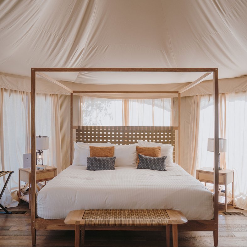 Safari style tent interior at Outdoorsy Hill Country.