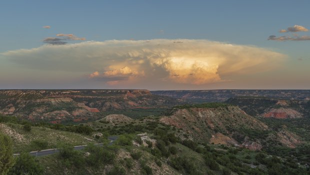 Palo Duro Canyon with sun reflecting off a cloud
