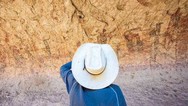 Person in blue shirt with a white hat looking at the canyon wall pictographs at the Lower Pecos Canyonlands