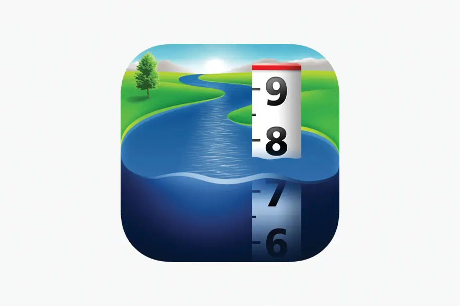 Rivercast App logo showing a river running through grass fields with a measuring stick