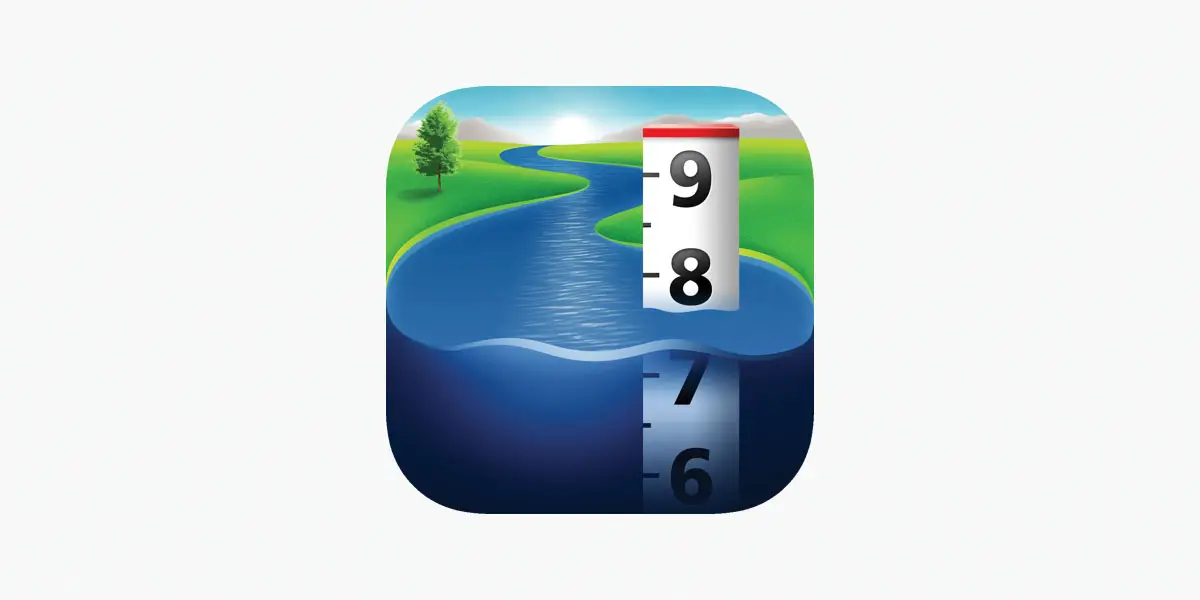 Rivercast App logo showing a river running through grass fields with a measuring stick